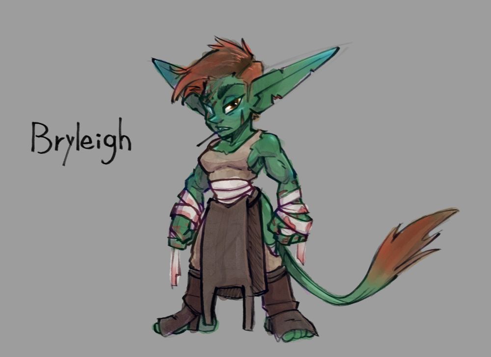 Colored sketch of "Bryleigh", a chestnut-haired, muscular Goblin lady with bloody-bandadged hands and craftswoman attire looks at the viewer with her one good eye.