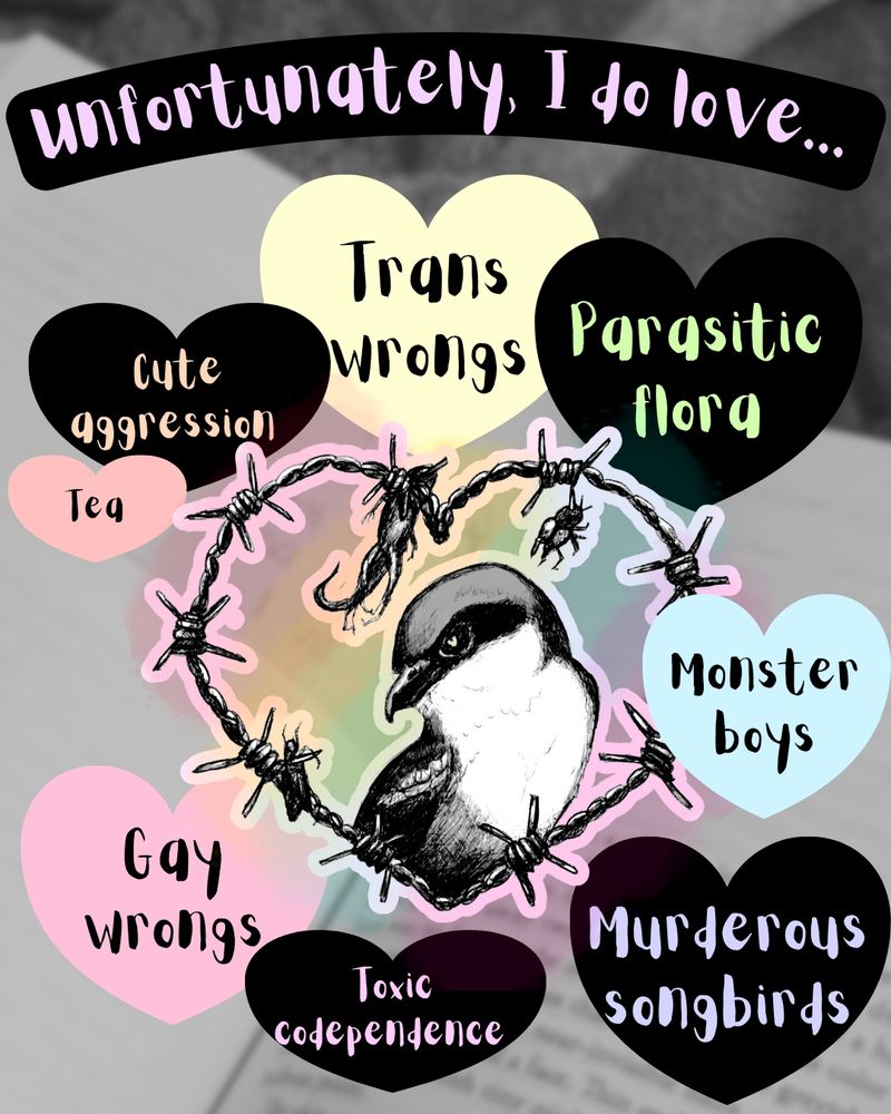 Graphic of a shrike framed in a barbed wire heart with rainbow backsplash surrounded by rainbow and black hearts with text reading:

Unfortunately, I do love...
 tea
 cute agression 
 trans wrongs
 parasitic flora
 monster boys
 murderous songbirds
 toxic codependence 
 gay wrongs 