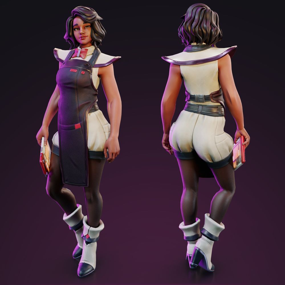 A full-body render of the character without the table around her, and in a more relaxed pose, showcasing a front and back view of her.