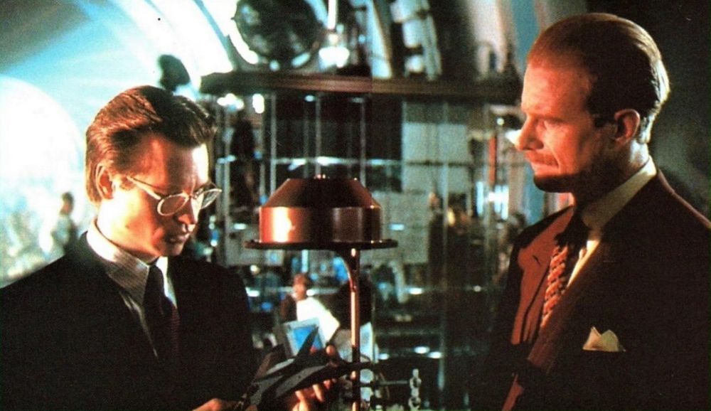 Production Photo from Batman Forever, featuring Bruce Wayne and Wayne Enterprises R&D Supervisor Fred Stickley.