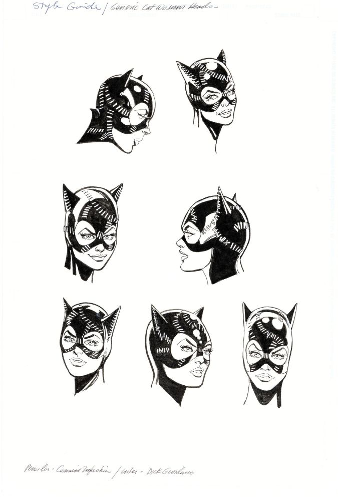 Artwork of a set of headshots of Catwoman created for the Batman Returns Style Guide, art by legendary artists Carmine Infantino (on Pencils) & Dick Giordano (on Inks).