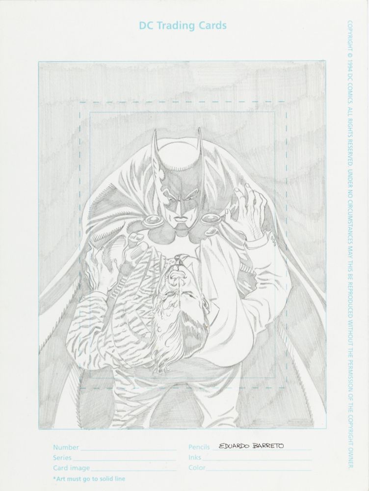 A cool piece of Unused/Unreleased Artwork by Eduardo Barreto done for the Batman Forever Fleer Metal Trading Card series. It features Sonar Suit Batman capturing two-face, grabbing him by the shirt.