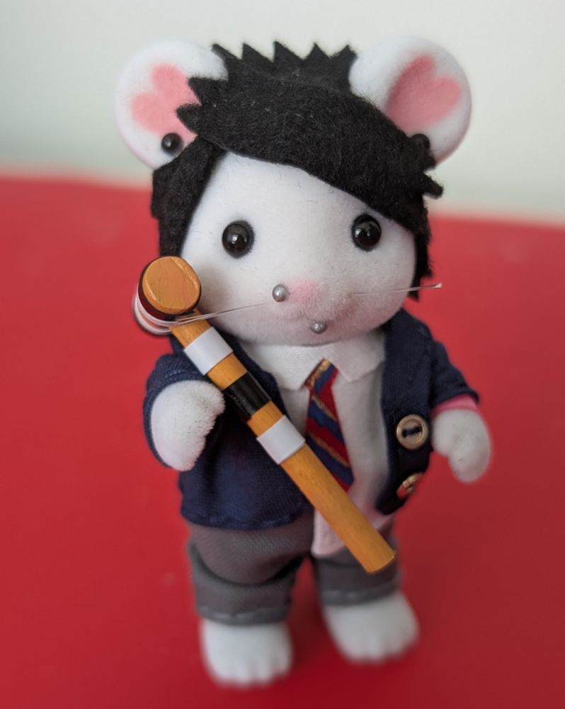 marshmallow mouse calico critter customized as my chemical romance's rhythm guitarist frank iero 