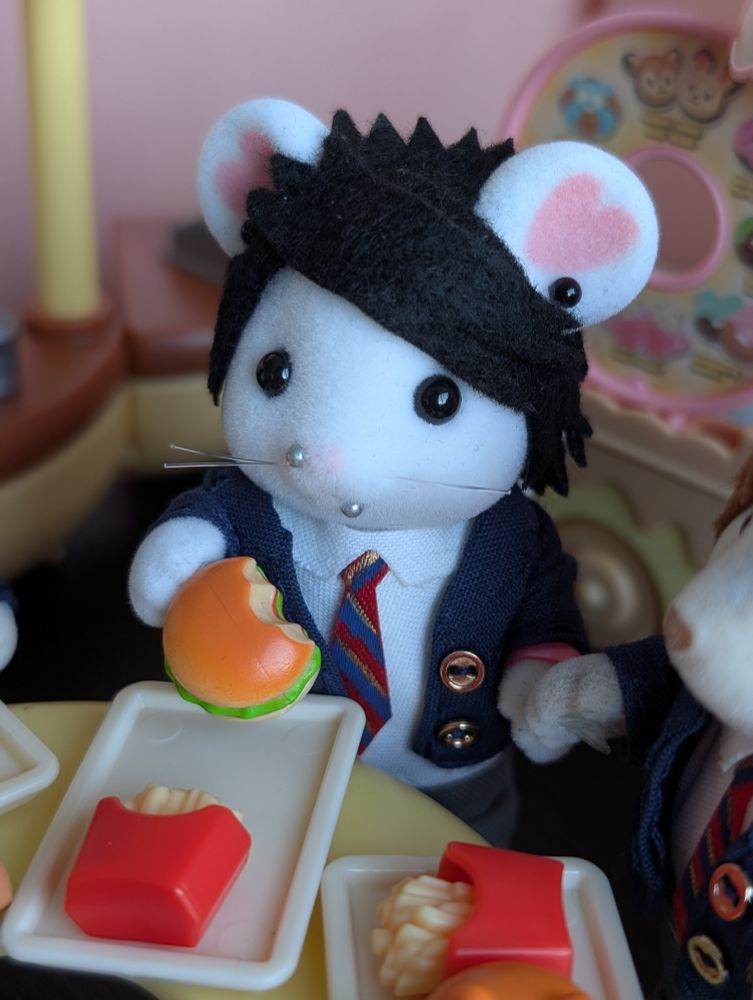marshmallow mouse calico critter customized as my chemical romance's rhythm guitarist frank iero 
