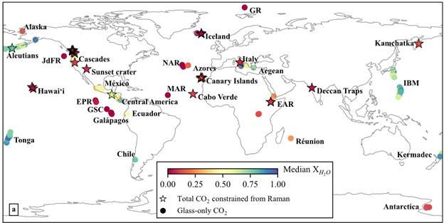 Map of the world showing median proportion of H2O exsolved from magmas. Red and orange locations are sufficiently low to apply this method (i.e., Galápagos, Cabo Verde, Canary Islands, Iceland, East African Rift, Hawaiʻi)