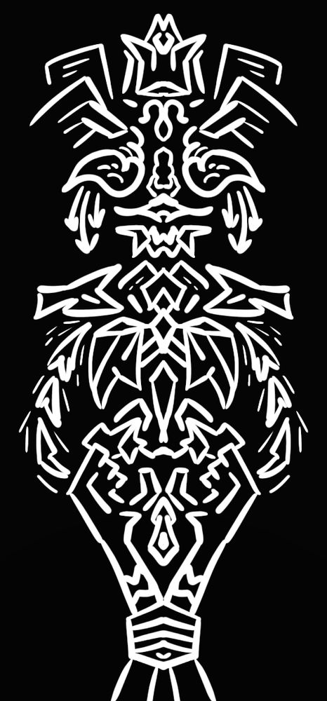 More mirror-image scribbles, this time, white on black. Vague depictions of tied hands, a hornet, and a being with a crown.