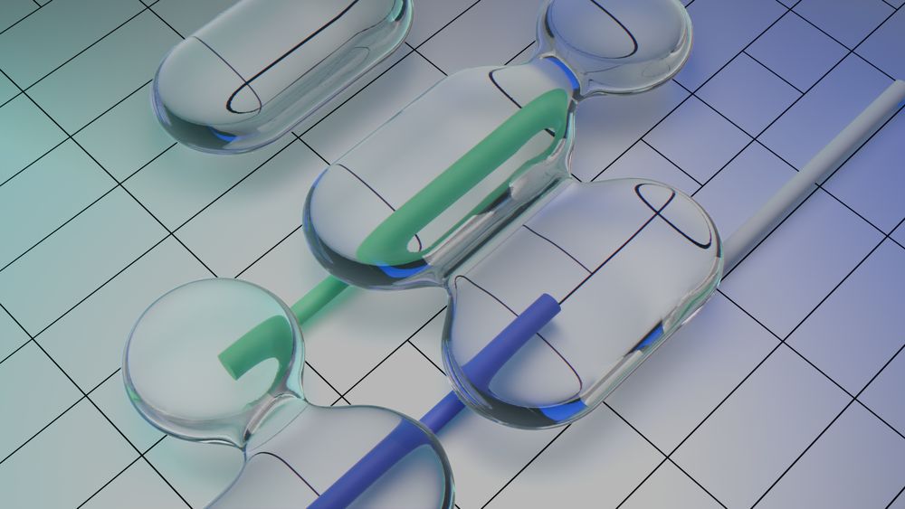 a 3D render showing floating glass blobs, reminicent of Liquid Glass over a black and white grid, with some blue and green cylinders underneath them. Some of the blobs are touching in a blobby way. The left and right sides of the scene are subtly colored with green and blue lighting.