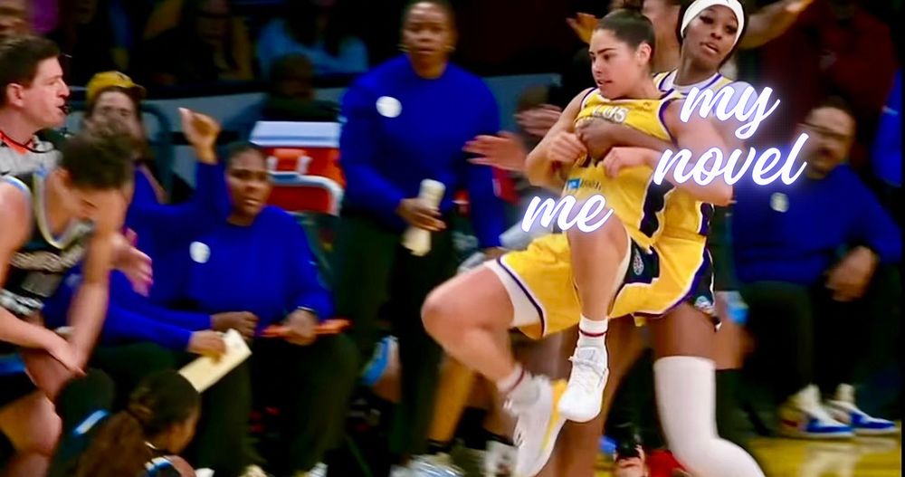 The image depicts a dynamic scene from a WNBA game. Kelsey Plum is being held in the air by teammate Rickea Jackson. Plum is off the ground, with one leg bent, suggesting a playful struggle. In the background, there are people on the sidelines, some wearing blue clothing and others blurred out, showing expressions of interest or reaction to the gameplay. The text "me" is overlaid on Plum, while "my novel" is written on Jackson.