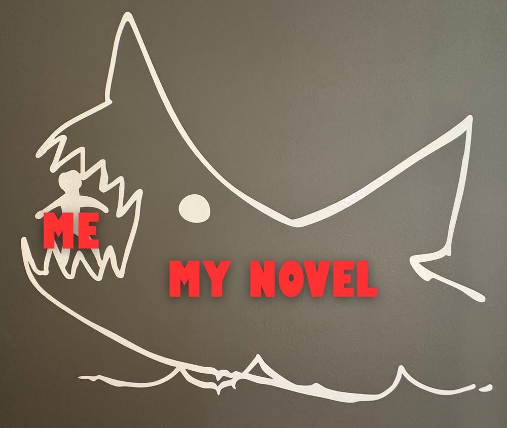 The image is a drawing from the movie JAWS and features a minimalist, white outline of a stylized shark on a dark gray background. The shark is depicted with its mouth wide open, revealing jagged teeth, and has a large circular eye. Inside the shark’s mouth, there is a simplistic figure of a person. Across the shark and the person, bold red text overlays the image, reading “My Novel” and “Me.” The background is plain, allowing the white outline and text to stand out prominently.