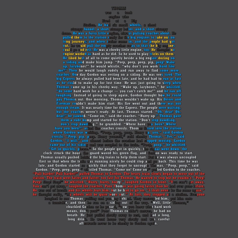 This design features text in the shape of Thomas the Tank Engine. The text is from the story "Thomas & Gordon" from the Railway Series book, "Thomas the Tank Engine." This is Thomas' first ever appearance and his first adventure on Sodor, years ago.