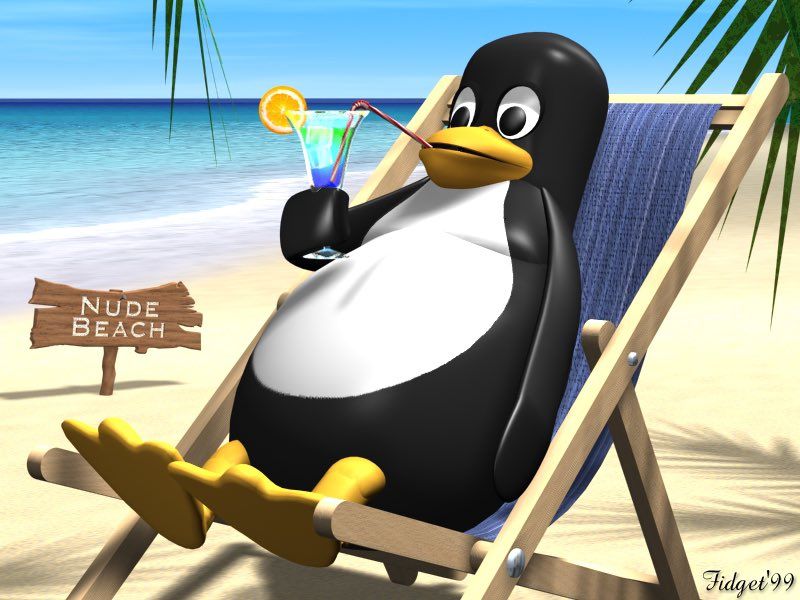 Old 3D render of Tux (Linux' penguin mascot) on a tropical island laying on a sunbed while drinking a cocktail. There's a sign behind him that says "Nude Beach"