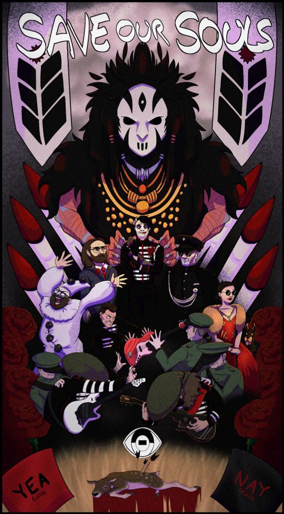 digitally drawing image of characters from Long Live The Black Parade shows by My Chemical Romance, featuring at the centre of the image the Phoenix Witch from the Killjoys comics. At the top the text reads "Save our Souls"