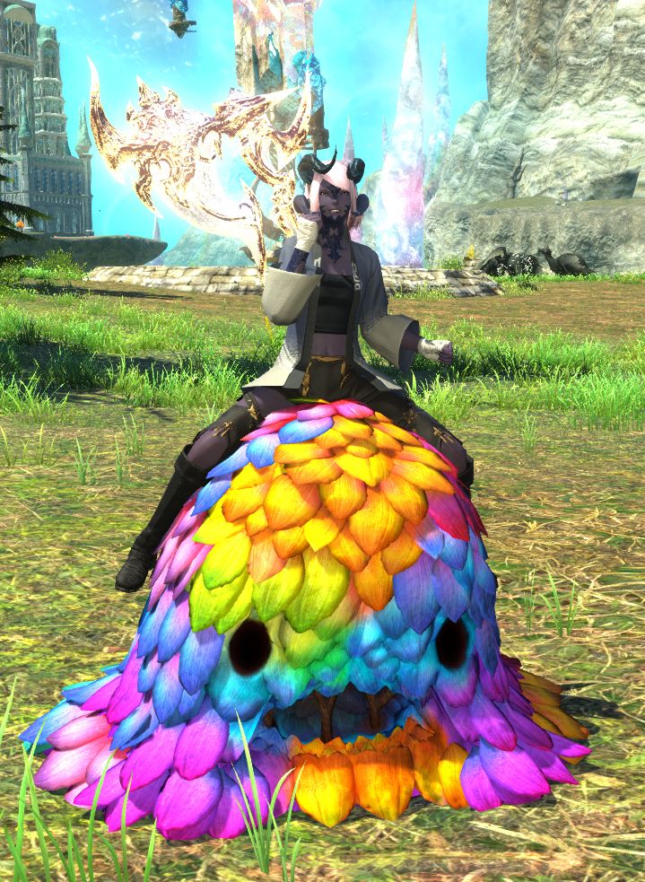 screenshot taken from final fantasy xiv, a brightly rainbow colour shrub with a face as a mount for the player
