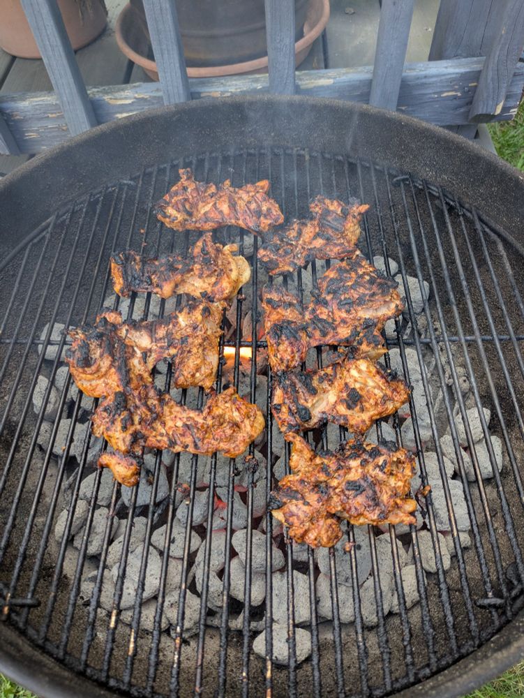 Chicken thighs, marinated (chipotle peppers in adobo, garlic, red onion, coriander, chili powder, salt, pepper, and oil blended together into a loose paste), and cooking on a charcoal grill 