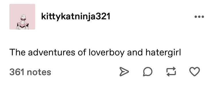 a tumblr post that says the adventures of loverboy and hatergirl