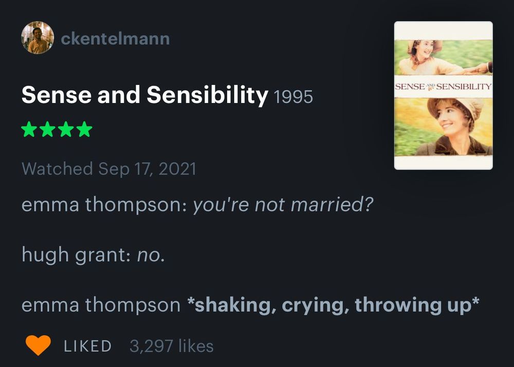 Letterboxd review of sense and sensibility. Emma Thompson “shaking, crying, throwing up” after finding out Hugh Grant is single. 