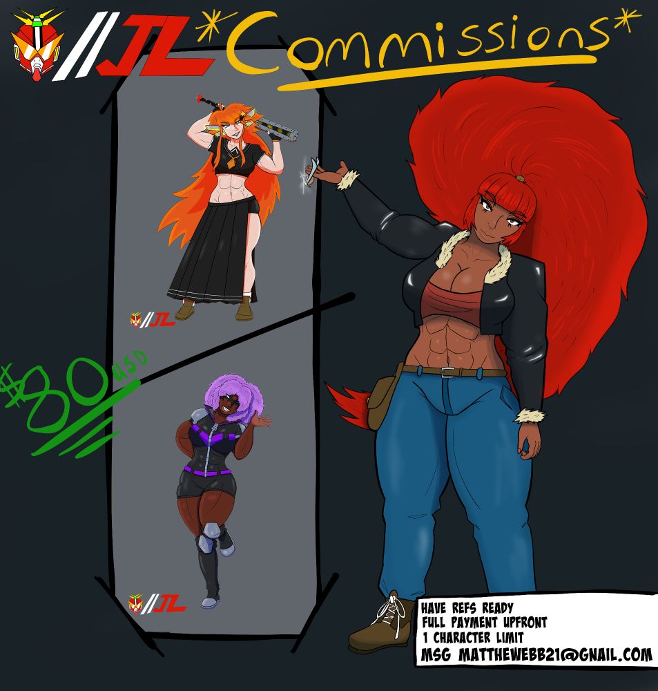 Commission sheet detailing prices for single character full bodies 
Price is 80 for a fully lined colored and shaded piece references required 
Message matthewebb21@gmail.com for inquires