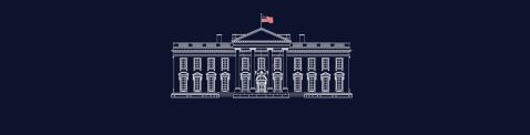 Trump’s new White House logo. White line drawing of the White House on a dark blue background. The US flag flies on top of the building.