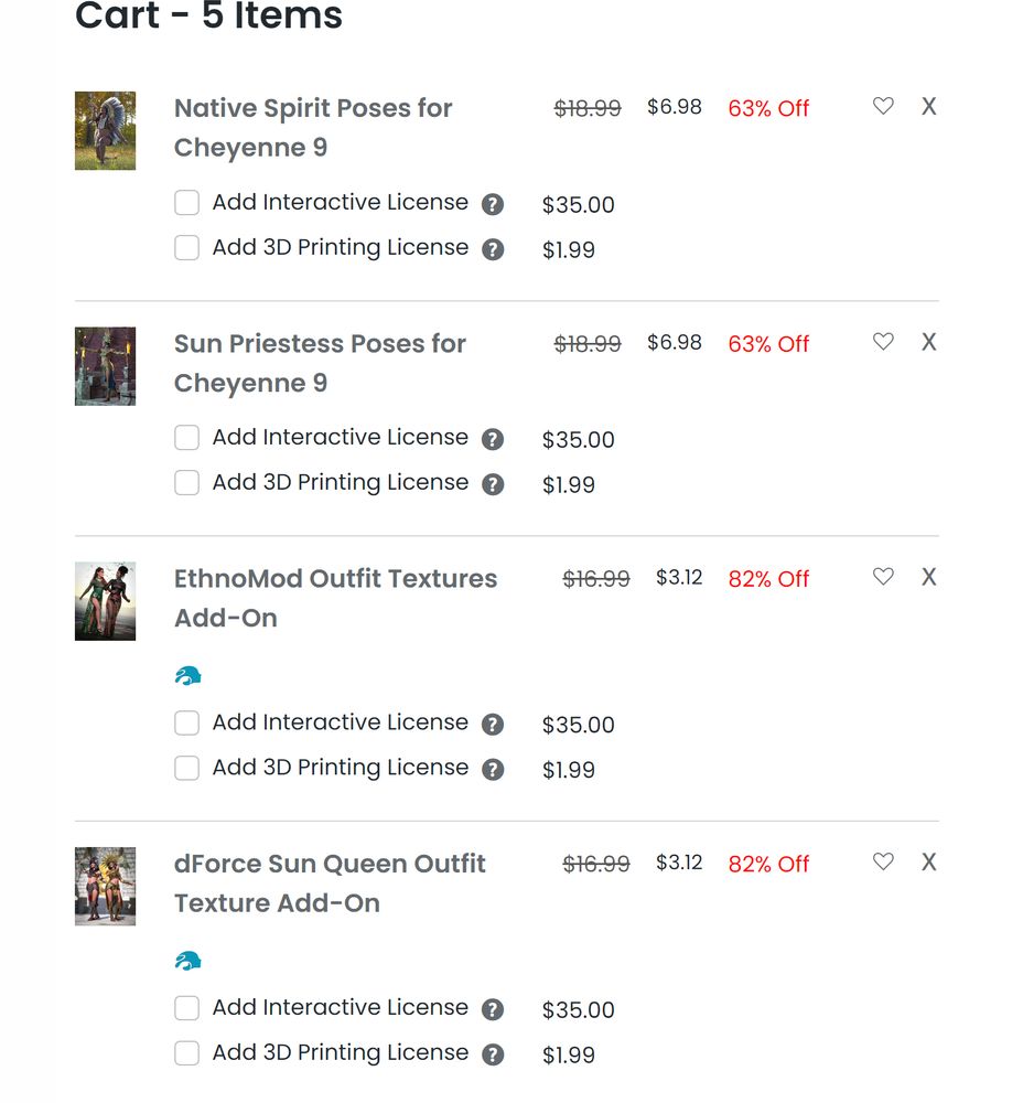 This shows 4 single items in the Daz cart. Native Spirit poses, Sun Priestess poses and outfit textures for 2 of the outfits that are in the pro bundle.