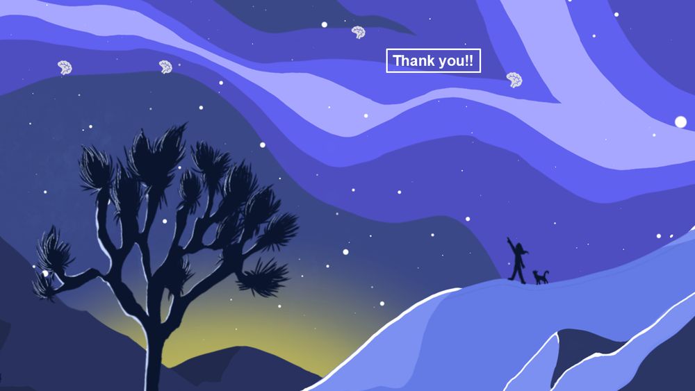 A girl and her pet are watching the starry night sky, where some of the stars are the brain. a joshua tree on the left indicates the location
