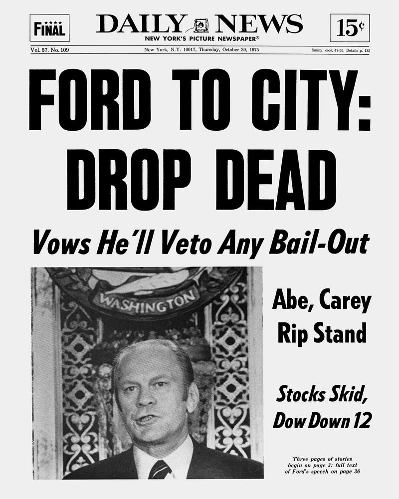 1975 Daily News front page with headline reading "Ford to City: Drop Dead"