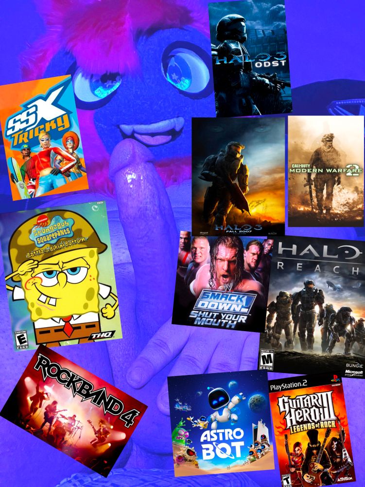 A furry showing off his penis while images of his 10 favorite games appear around him