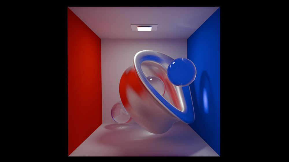 Cornell Box with aluminum and crystal sphere sculpture, path-traced in LuxCoreRender.