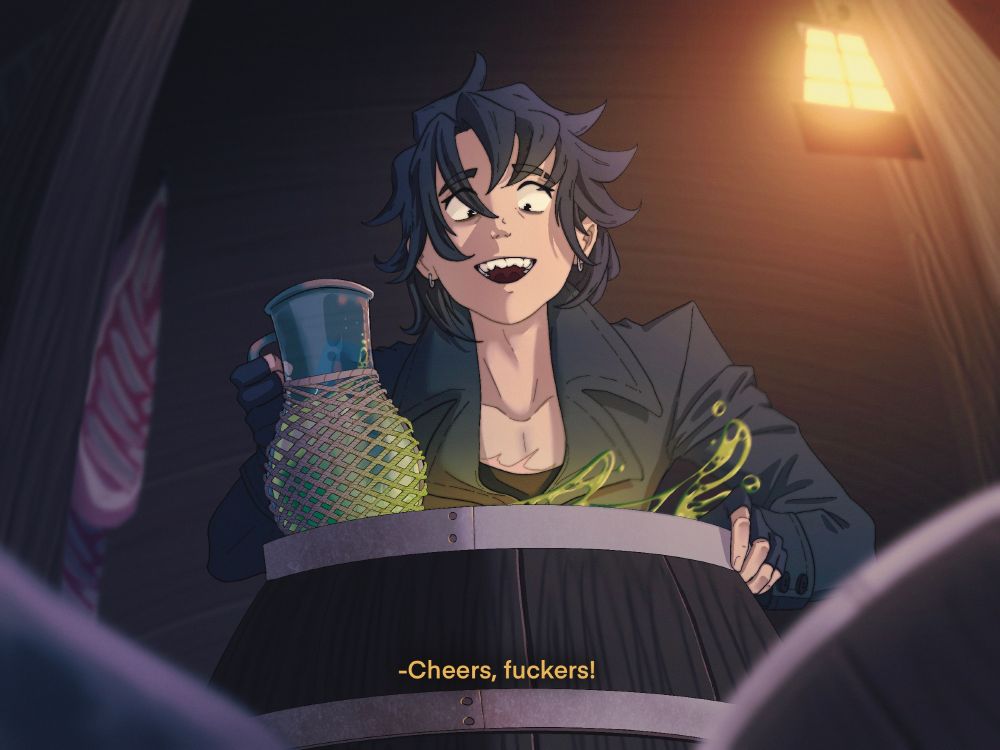 a fake screencap as if from an anime of a bedraggled black-haired trans man leaning over a barrel of green grog with a cask full of the same liquid, saying "cheers, fuckers!" with a slightly unhinged look on his face