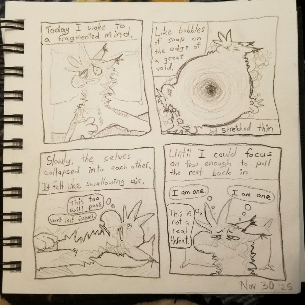 Today I woke to find my mind in pieces. It felt like my brain was inflated like a hundred soap bubbles on the edge of a large empty one. As they slowly combined, the way bubbles do, it felt like swallowing air. Like drowning. I had to tell myself it would pass and I'd eventually see myself as one again. I feel lucky that I was correct. I don't enjoy that perspective. 

#furryart #autobio #comics