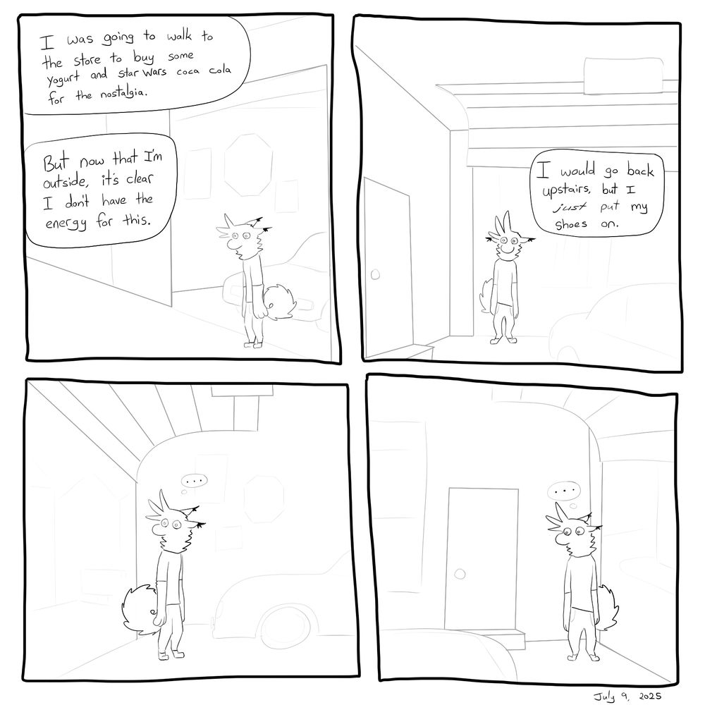 I was going to walk to the store to buy some yogurt and starwars coca cola for the nostalgia, but now that I'm outside it's clear I don't have the energy for this. - I would go back upstairs but I *just* put my shoes on. - "..."

#furryart #webcomics 