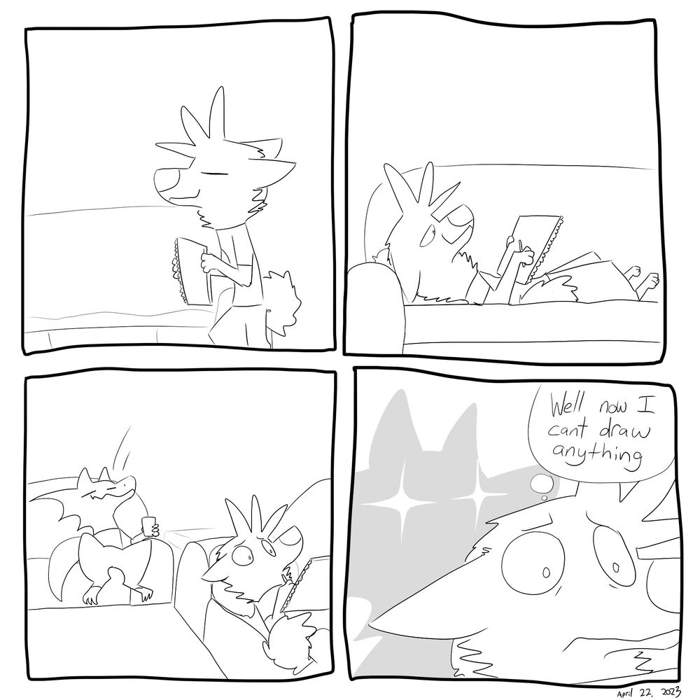 Reclined on the couch with a sketchpad, and carver sat on a couch behind me. "Well now I can't draw anything." 

#furryart #autobio #webcomics