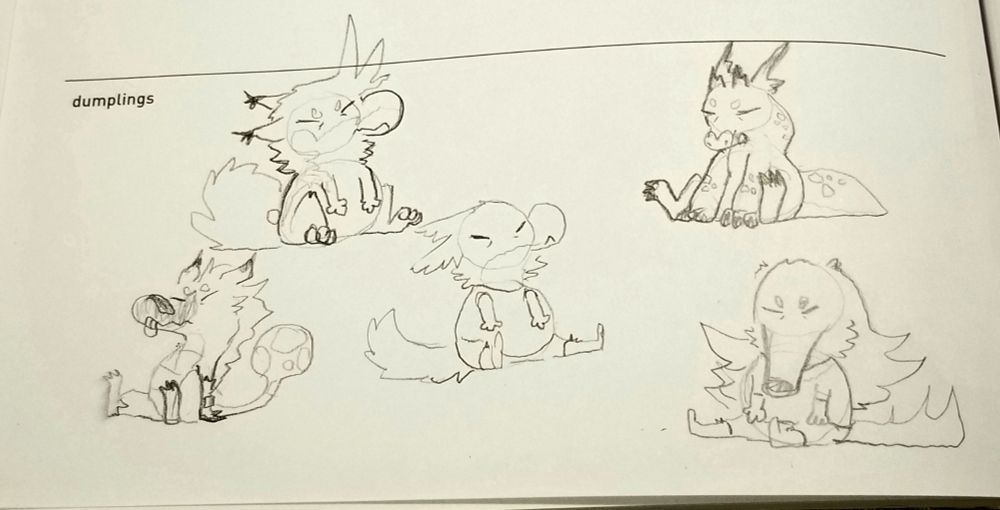 More entries to my 600 Things to Draw sketchbook. 
Left to right: Shmrshkt, Stomp, Rau, Mirmel, Trio.

#furryart