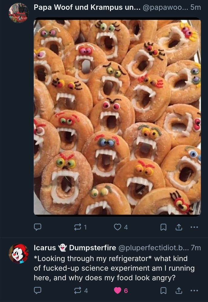 A screenshot showing one post of multiple vampire cookies with bared fangs immediately above an unrelated post about food looking angry.