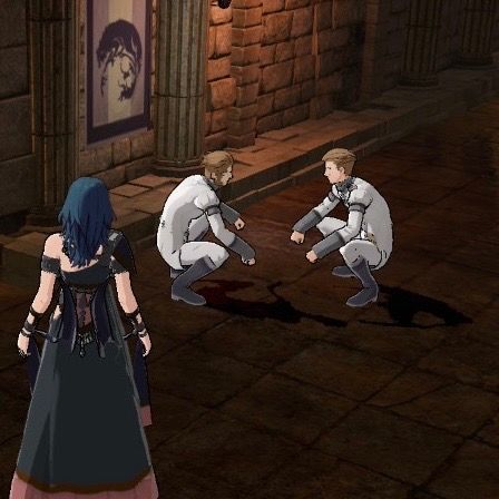 A screenshot from Fire Emblem: Three Houses showing the protagonist looking at two generic NPCs who are in a crouching pose while looking directly at each other like a sort of weird crouching staring contest 