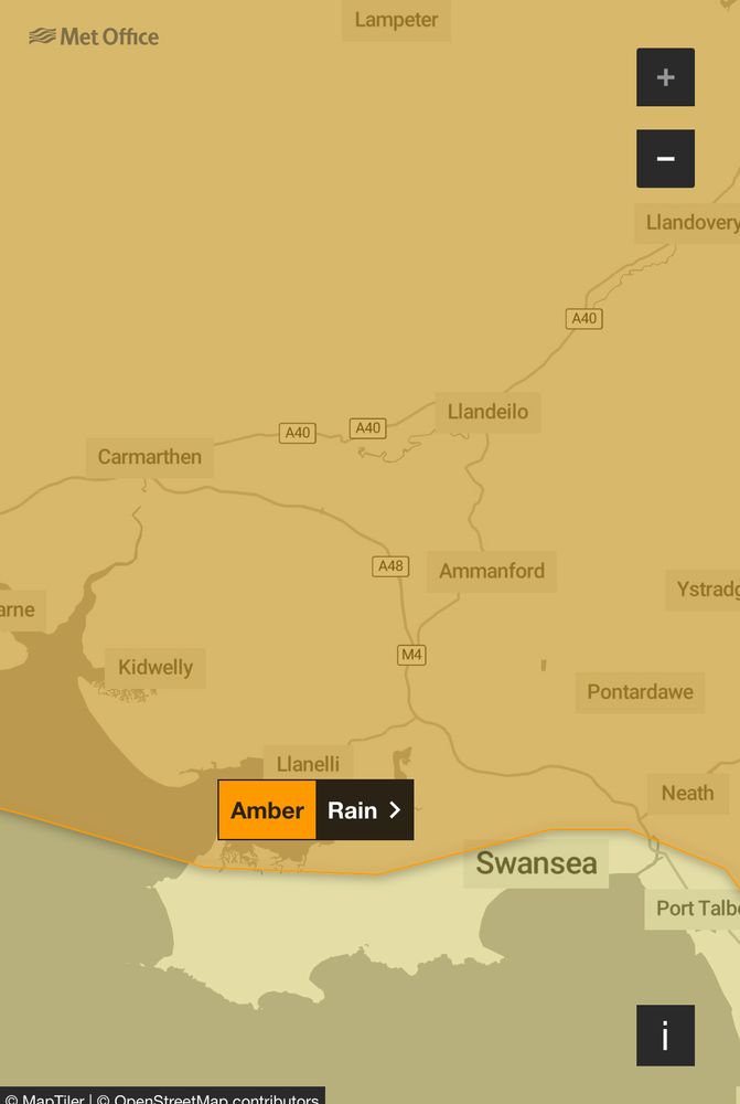 Met Office amber weather warning for south west Wales. Heavy rain forecast. Carmarthen is likely to flood when Towy bursts its banks.