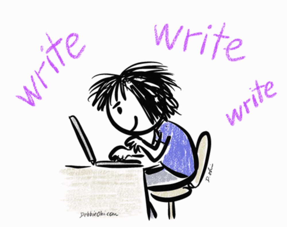 a cartoon drawing of a person using a laptop with the words write written around them