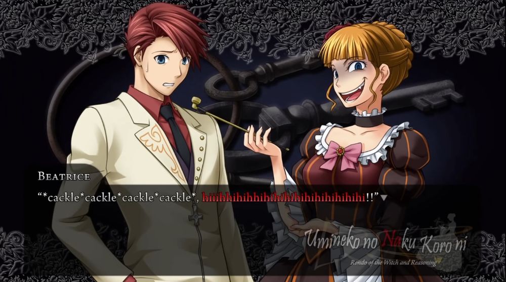 Screenshot of the next part of her dialogue where Beatrice grins wickedly, her dialogue box full of her cackling, humorously also shown in red.