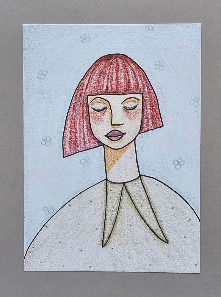 Photo of a colour pencil drawing. My take on a Margo in Margate painting. A woman's head and shoulders, she has closed eyes. She has red bobbed hair, a green dotted top with a pointy collar. And the background is pale blue with flowers.