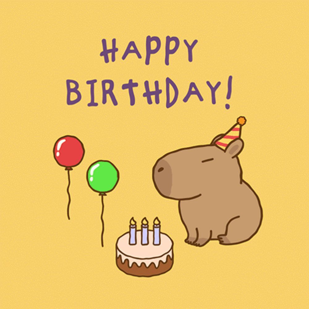 a birthday card with a capybara wearing a party hat and a cake with candles