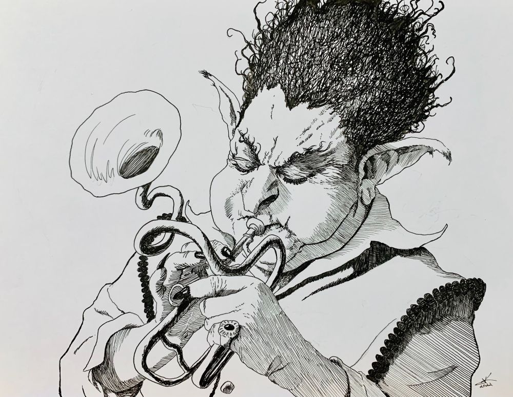 Goofy goblin guy playing an instrument 