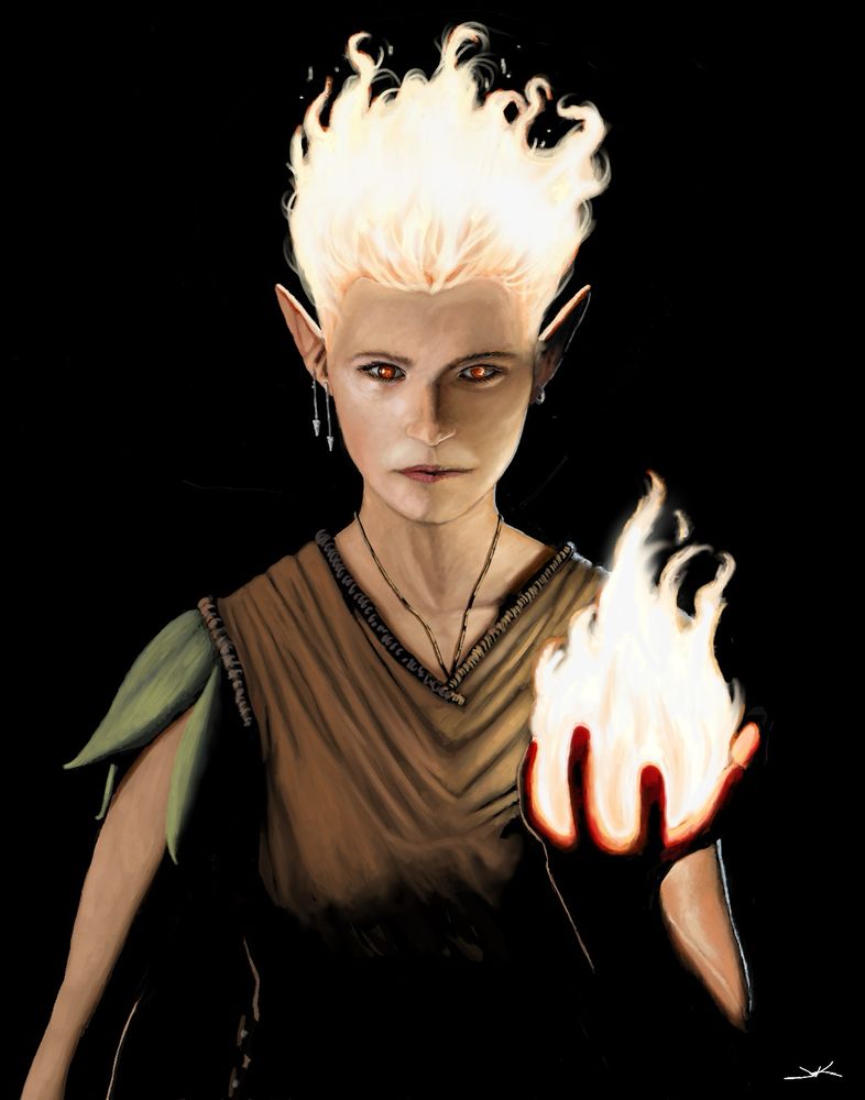 Female Fire Genasi holding flame in hand
