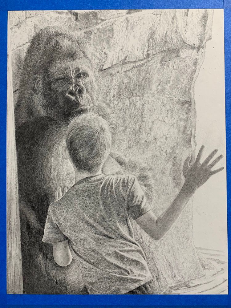 Boy looking at gorilla behind glass at zoo