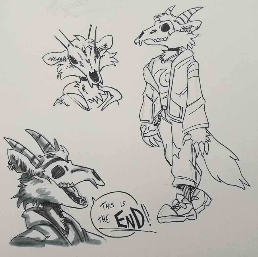 Three lined drawings of a deer/goat/wolf/monster hybrid done on paper. 

The one on the upper left corner has unfinished deer antlers, while the one under it has a speech bubble with the text: ''This is the END!!''.

 The drawing on the right is a fullbody rendition of the same character wearing baggy clothes, his jacket falling on one of his shoulders.