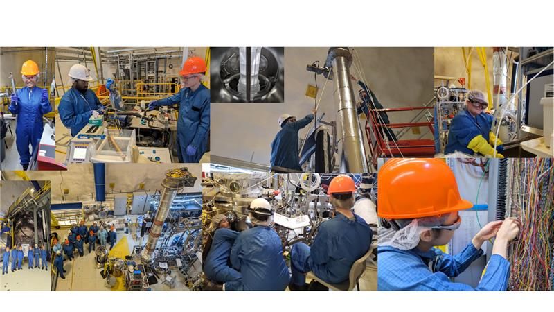 A collage of photos showing scientists and engineers working at SNOLAB on the DEAP-3600 experiment. Team members in blue cleanroom suits and orange or white helmets are operating equipment, handling cryogenic systems, monitoring instruments, and connecting wires. The central images highlight the detector and filling system used for the liquid argon fill.