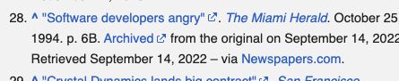screenshot of a reference on Crystal Dynamics' Wikipedia page

"Software developers angry". The Miami Herald.