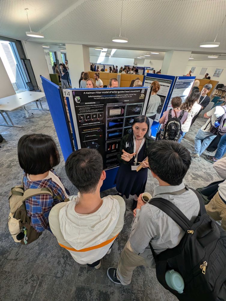 Person presents her scientific poster on a kalman filter model of human echolocation to a group of three people in a large room filled with other presenters during a poster session. The image is from a top-down angled view.