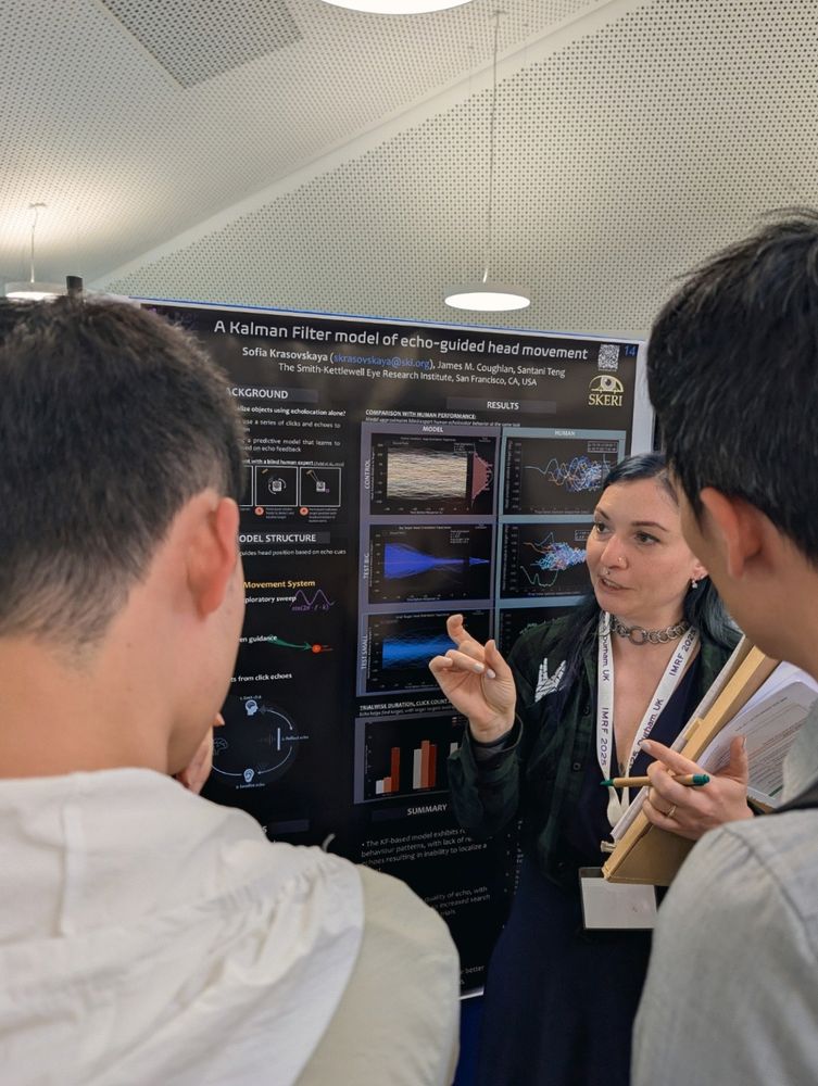 A gif of a person presenting her scientific poster on a kalman filter model of human echolocation to a few people. The gif contains two altering images of the person with different funny facial expressions as they explain their poster. The images are from behind the listeners, with the backs of their heads, with a direct view of the speaker.