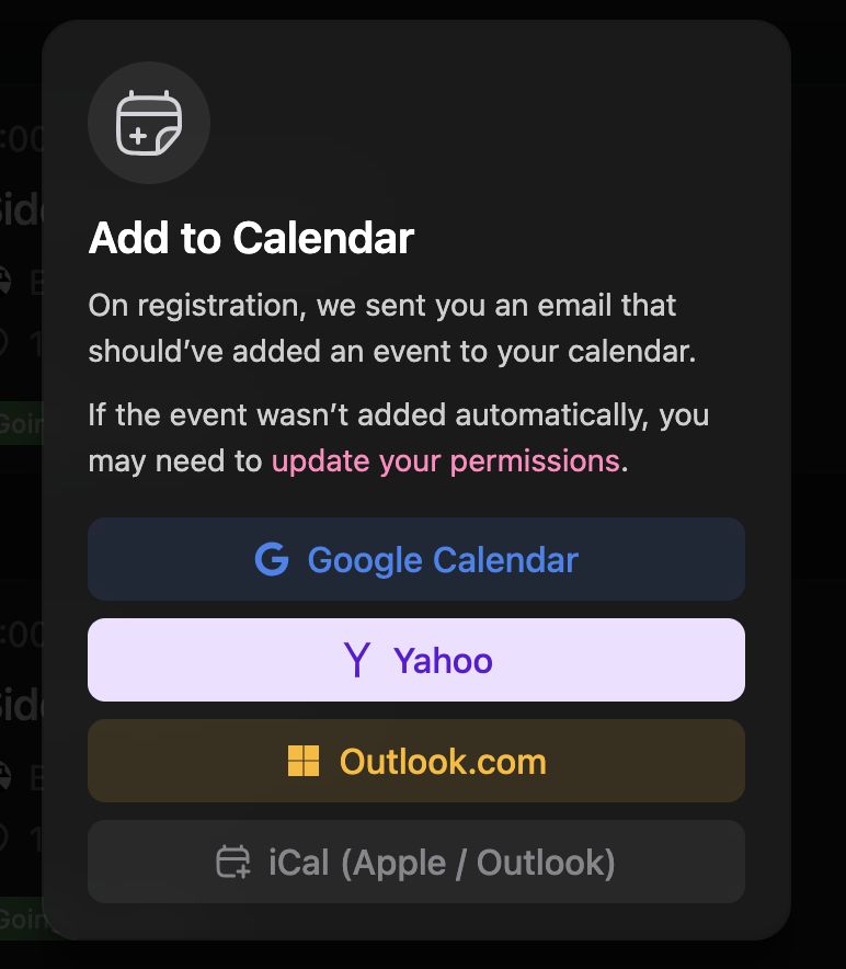Luma's Add to Calendar dialogue explaining that an email was sent that should have added an event to your calendar while also offering the user the option to add the event to Google Calendar, Yahoo, Outlook, or iCal.