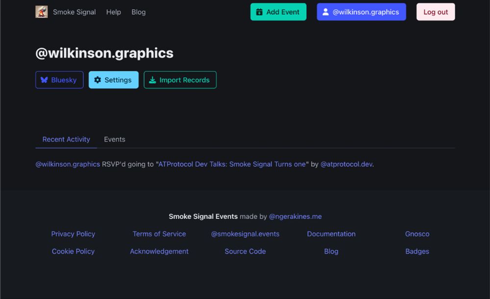 SmokeSignal's user profile page.  Users can see a list of recent activity and events, there's a settings button, and an option to import records.