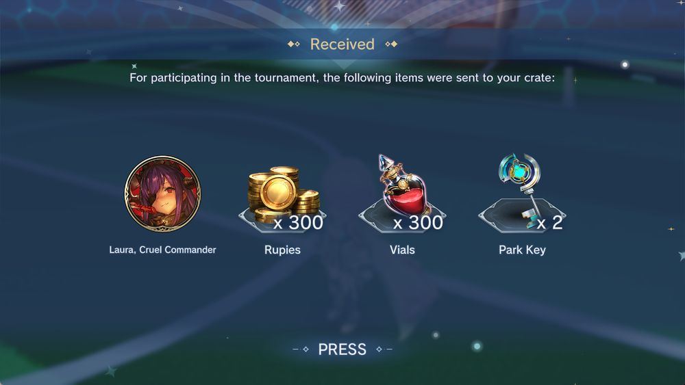 Results screen of a Lobby Tournament in Shadowverse Worlds Beyond. Rewards are for winning 2/3 matches including the emblem for Laura, Cruel Commander, 300 Rupies, 300 Vials, and 2 Park Keys